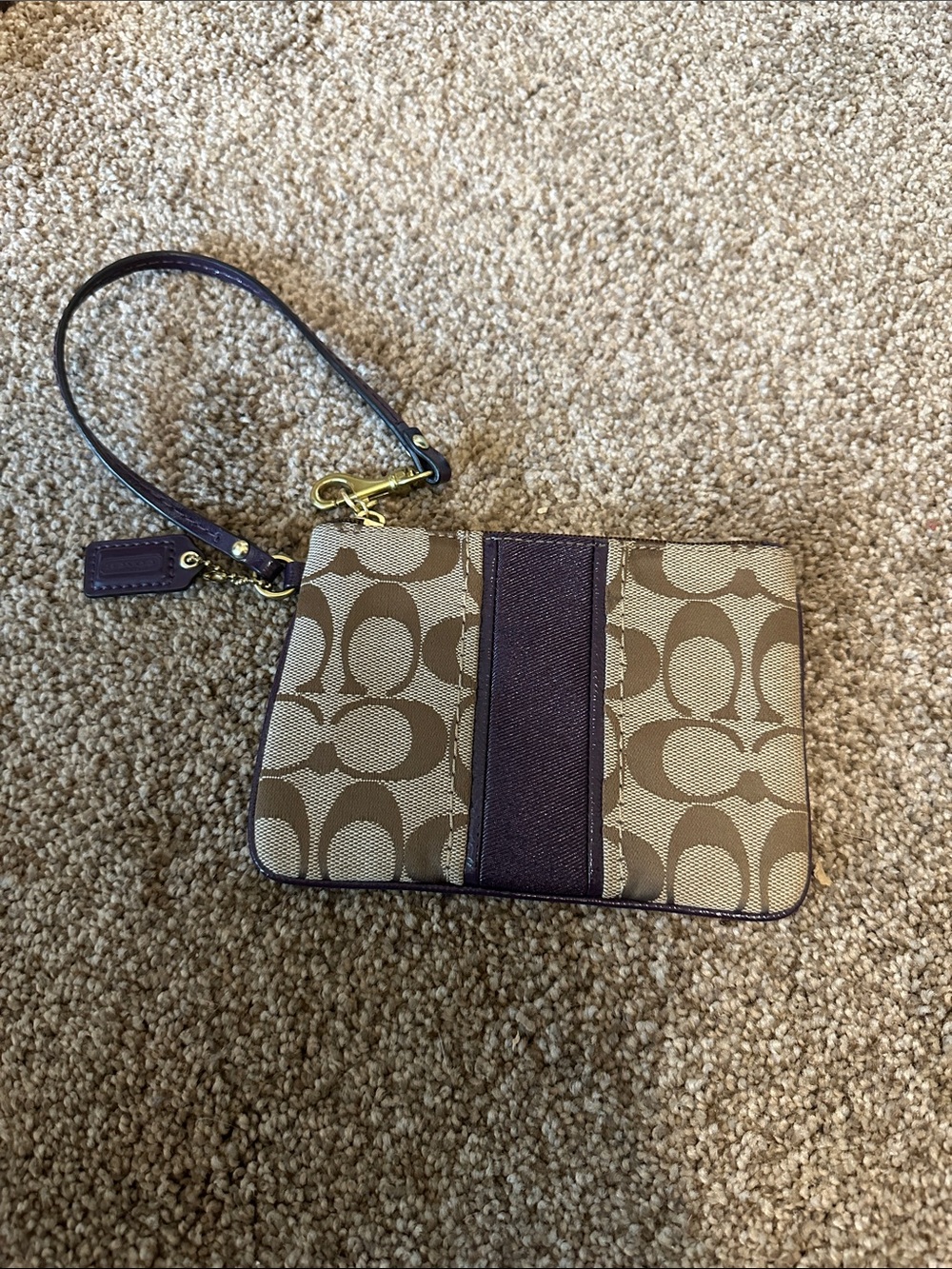 Coach Signature Canvas Wristlet in Khaki and Brown with Purple Trim